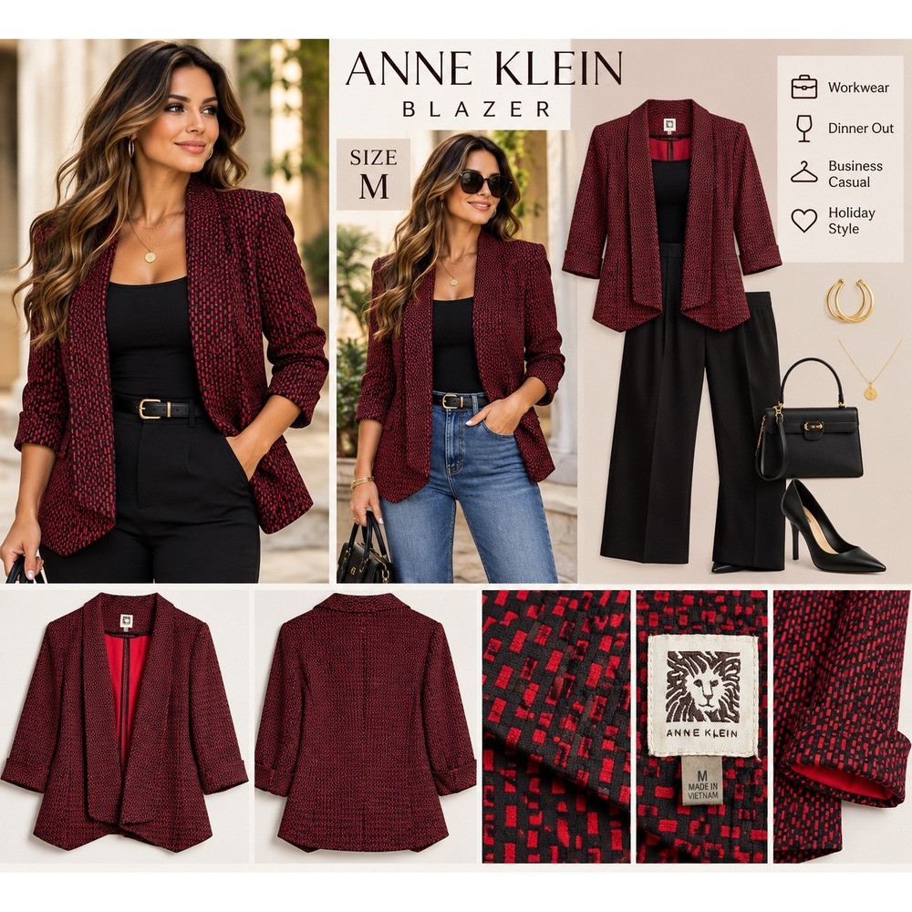 Anne Klein Red Black Patterned Open Front Blazer Jacket Size M 3/4 Sleeve